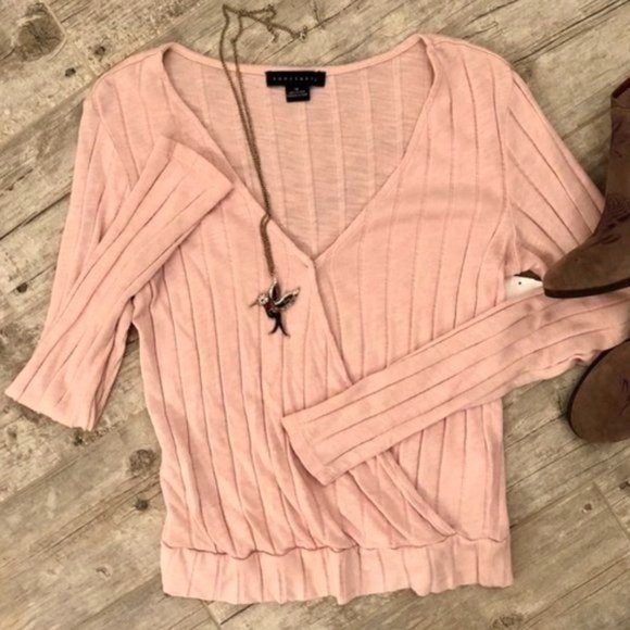 Sanctuary Sweaters - Sanctuary Pink Polina Ribbed Long Sleeve Surplice Wrap Sweater Size Medium